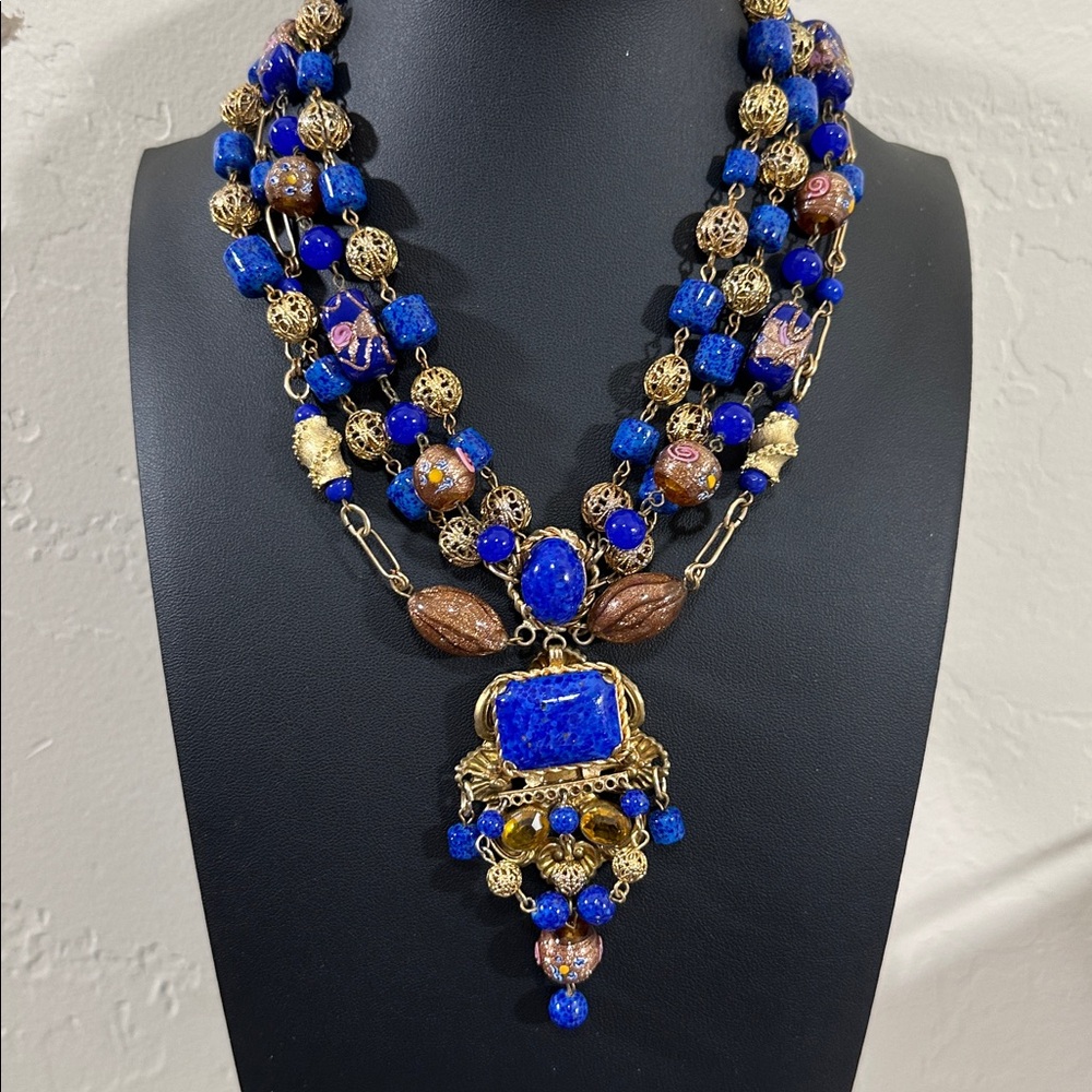 Neiger Brothers Czech Lapis Art Deco Glass 4 Strand Statement Antique Necklace